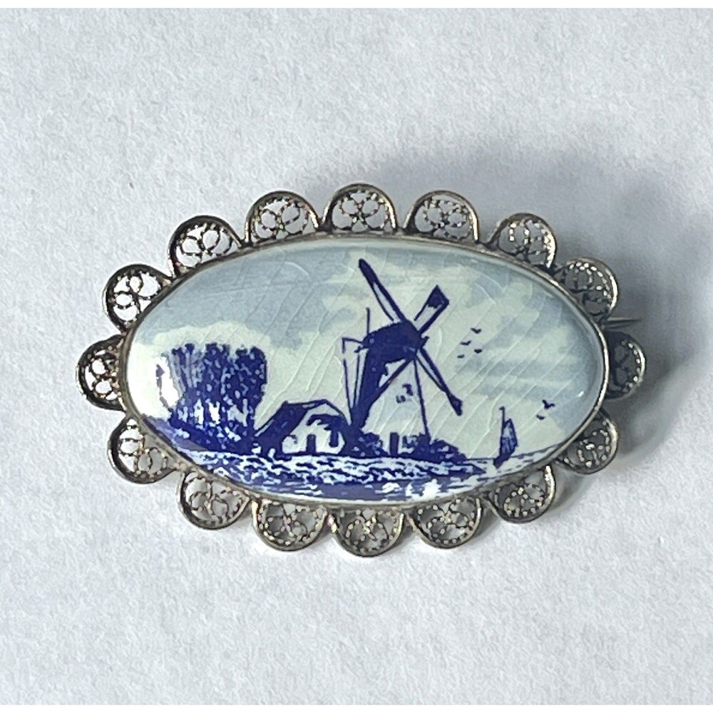 Vintage Delft Blue Windmill Brooch 835 Silver Filigree Holland Ceramic Pin